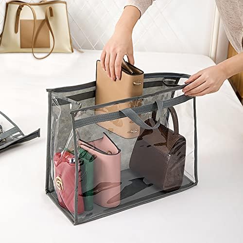 CINPIUK Handbag Dust Bags Clear Purse Storage Organizer for Closet Small to Extra Large Handbags Dust Free Bags Hanging Zipper Storage Bag with Hooks, ( Grey, 4 Sizes-8PCS)