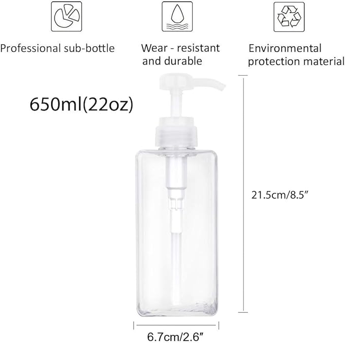 Pump Bottle, Refillable Plastic Empty Lotion Soap Dispenser Liquid Container for Bathroom Shampoo and Body Wash, 22oz/650ml Clear 2 Pack