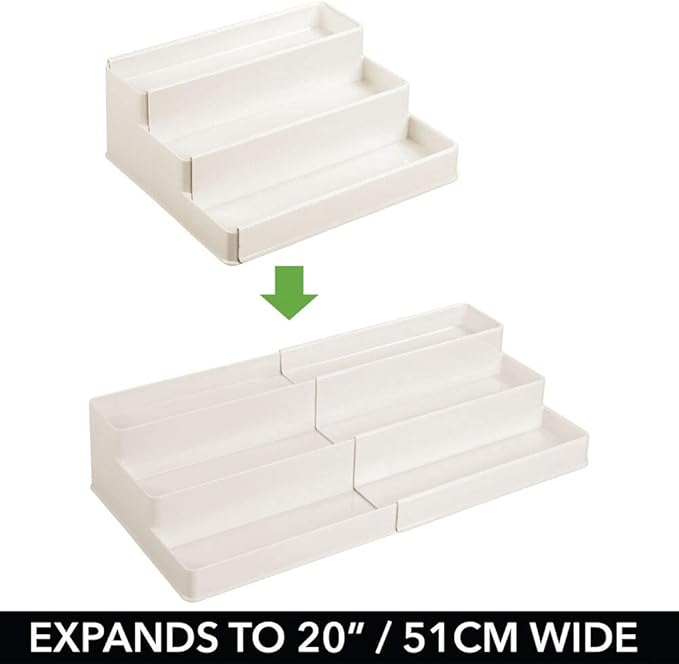 mDesign Plastic Expandable 3-Tier Shelf Rack Organizer - Storage for Bathroom Vanity, Cabinet, Cupboard, Drawer - Holds Medicine, Vitamins, Supplements, Cosmetics - Ligne Collection - Cream/Beige