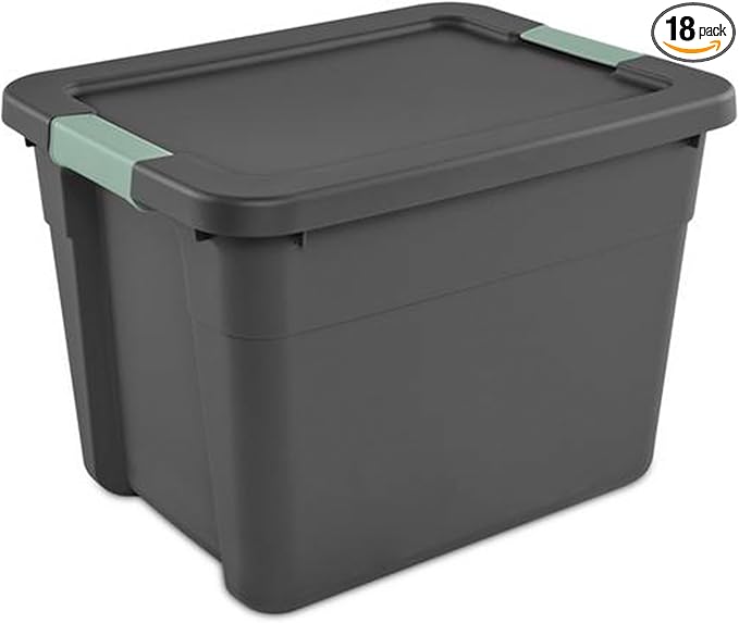 Sterilite 18 Pack Latch Tote, Stackable Plastic Storage Container, 12 Gallon, Gray/Green