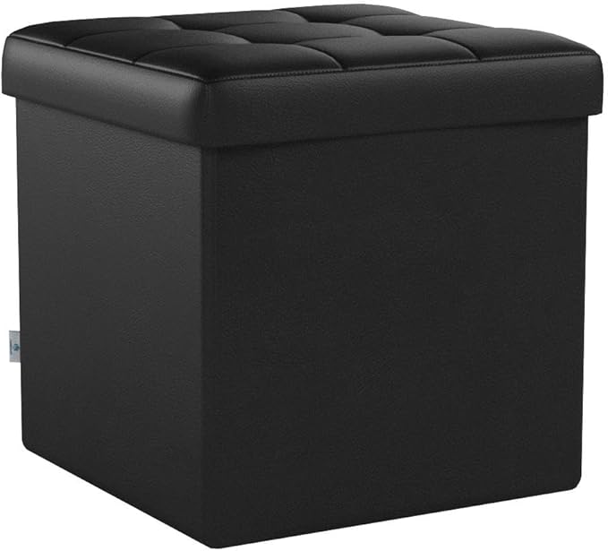 B FSOBEIIALEO Storage Ottoman Small Cube, Foot Rest Seat Faux Leather Dorm Room Ottoman Black 12.6"X12.6"X12.6" (2 Pack)