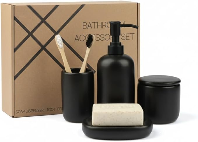 Ceramic Bathroom Accessories Set 4 Pcs – Modern Scandinavian Neutral Bathroom Soap Dispenser Set with Toothbrush Holder, Soap Dish & Cup – Minimalist Bathroom Accessory Set Decor - Black