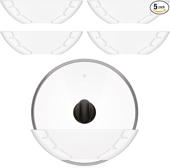 5 Pcs Universal Pot Lid Organizer for Cabinet, Pan Lids Holders Inside Cabinet Door, Wall Mount Pots Lid Organizers Rack for Kitchen, Fits 6" to 13.5"(White)