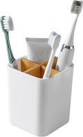 Bamboo Toothbrush Holder for Bathrooms, 4 Slots Toothbrush and Toothpaste Holder Bathroom Counter Organizer for Electric Toothbrushes, Floss, Razors - White