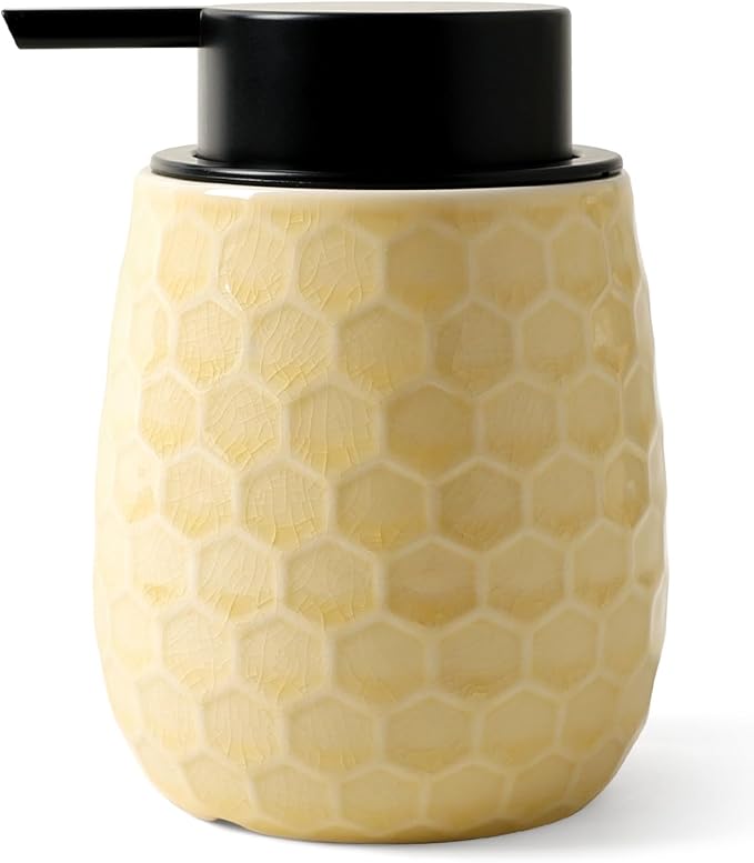Soap Dispenser, 12OZ Ceramic Liquid Ice Crack Yellow Hand Soap Dispenser with Honeycomb Design for Kitchen or Bathroom, Refillable Dish Lotion Dispenser, ANTIS'S HOME