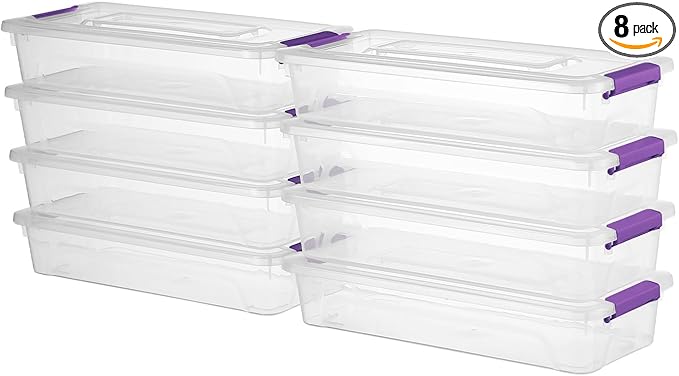 novelinks Clear Stackable Storage Bins with lid Storage Boxes Durable Plastic Organizer Containers for Home Office, Kitchen, Craft Supplies (4 Quart 8 Pack Purple)