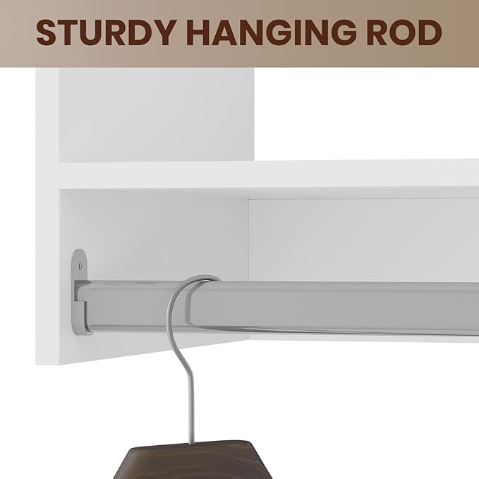 ROOMTEC Modular Closet System, 72" Wall-Mounted Closet Organizer with Drawers and Hanging Rods, Wooden Tower for Walk-In Closets, Wardrobe Storage Kit, White