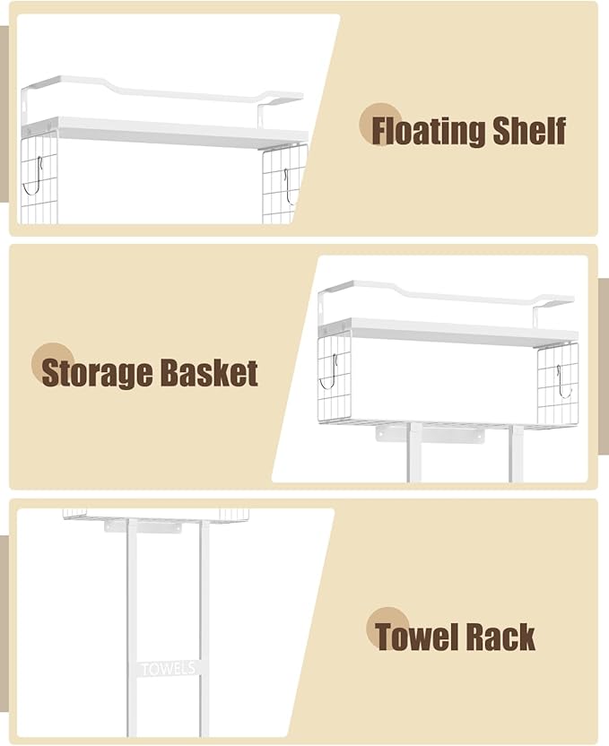 Towel Racks for Bathroom 31inch Wall Mounted Towel Rack,Floating Shelf with Wood Plank,Towel Storage for Bathroom Can Holds 6 Large Rolled Towels,All White