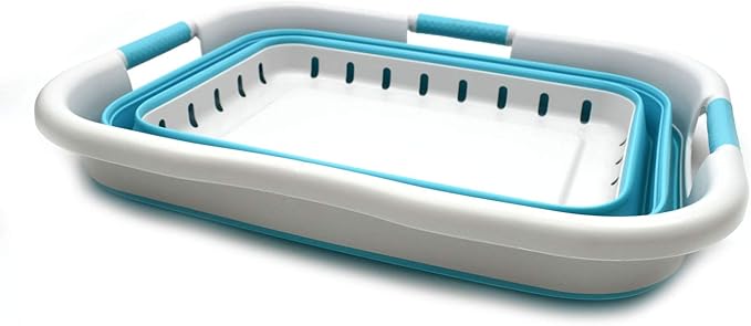 SAMMART 41L (10.8 gallon) Collapsible Plastic Laundry Basket - Foldable Pop Up Storage Container/Organizer - Portable Washing Tub - Space Saving Hamper/Basket (3 handled rectangular, Grey/Bright Blue)