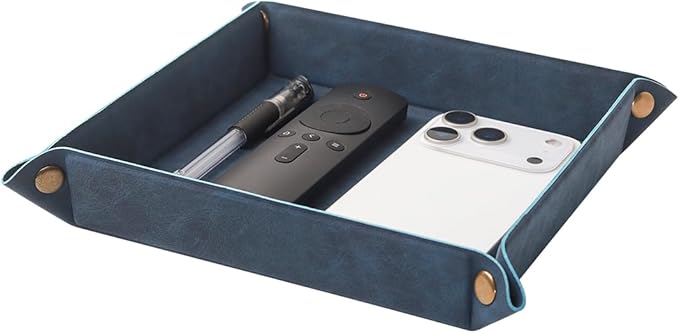 WAYIFON Valet Tray Desktop Storage Organizer – Premium PU Leather Catchall Bedside Vanity Tray Nightstand Caddy Holder for Remote Controller, Keys, Phone, Wallet, Coin, Jewelry,Blue