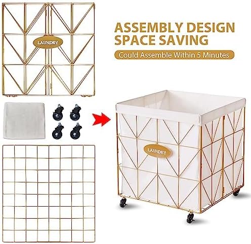 Mxfurhawa Laundry Hamper,Collapsible Laundry Basket Large Capacity Metal Laundry Hamper with Removable Liner, Rolling Wheels and Collapsible Design for Clothes Storage and Organization (210L GOLD)