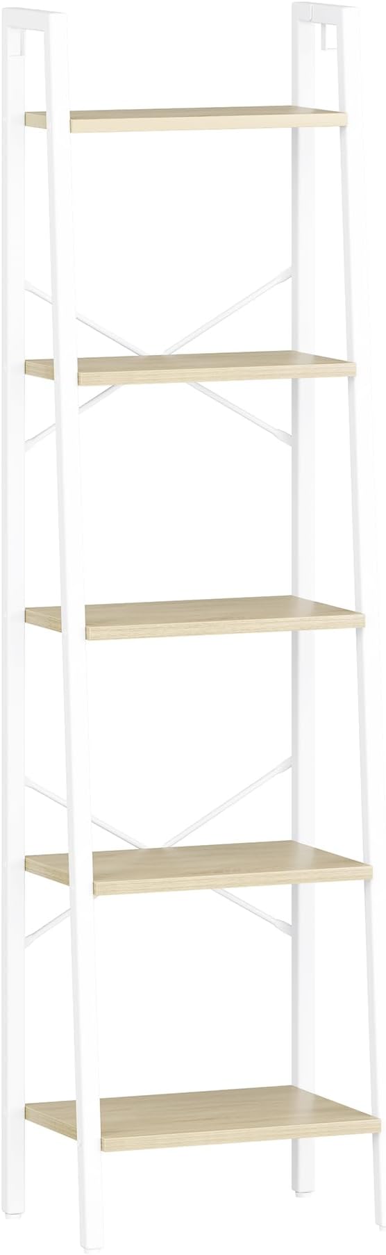 Ladder Shelf, Bookshelf Bookcase, Freestanding Corner Storage Shelve with 2 Hooks for Home Office, Living Room, Kitchen, Bedroom, Industrial, 11.8" D x 17.3" W x 63" H, White Oak and White