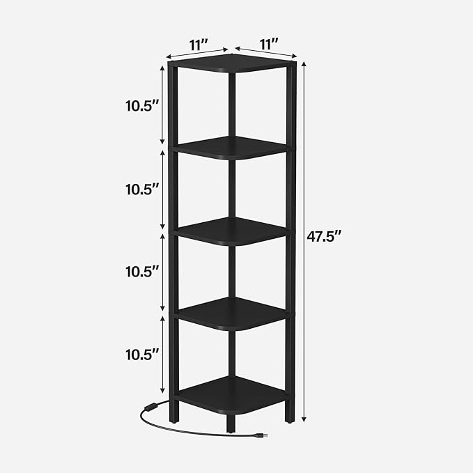 TUTOTAK Corner Shelf with LED Light, 5-Tier Corner Bookshelf for Small Space, Narrow Display Corner Shelf Stand with Storage Rack, for Living Room, Bedroom, Black BS08BK005L
