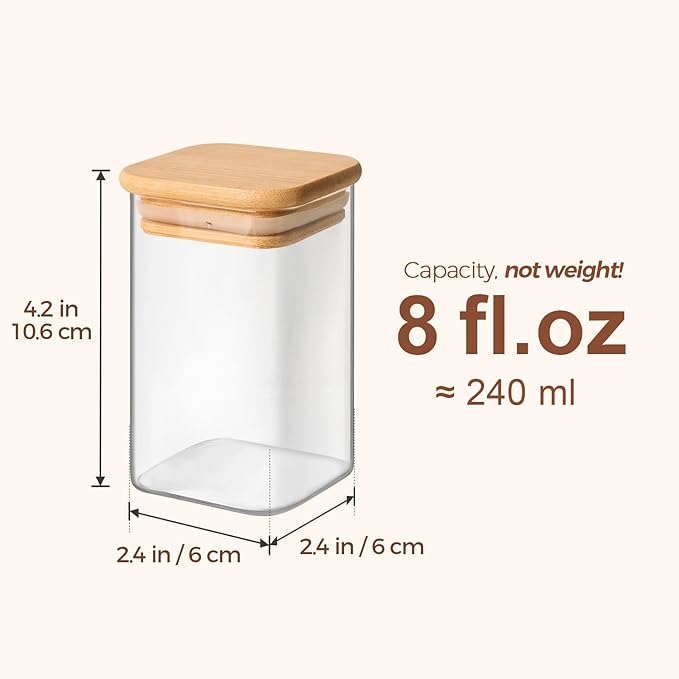 ComSaf 12Pcs Glass Spice Jars with Bamboo Lid, 8oz Airtight Square Containers with 275 Black Lables, Empty Seasoning Jars for Spice Salt Sugar