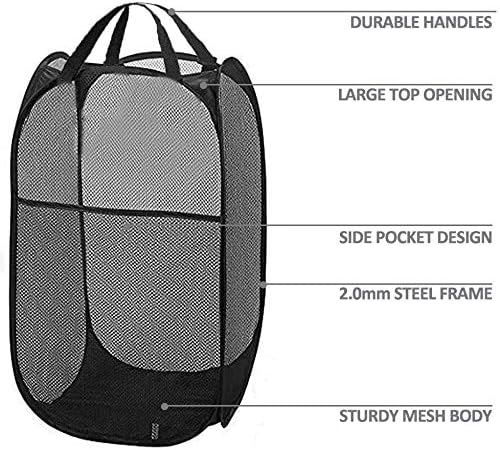 Larpur Popup Mesh Laundry Basket, Collapsible and Portable Clothes Washing Laundry Hamper with Reinforced Carry Handle (Black 2pcs)