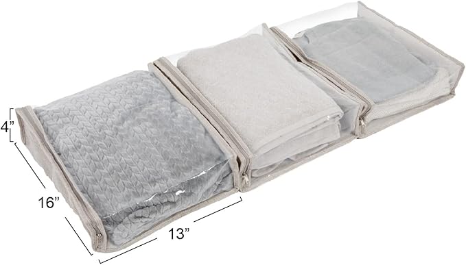 Household Essentials Under Bed Zippered Sweater Storage Bags with Clear Vision Panel, Set of 3, Silver,Gray