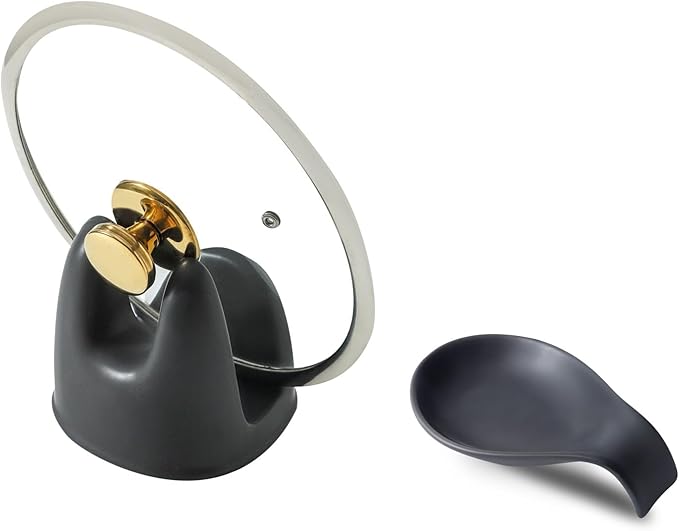 Nihow Pot Lid Holder and Spoon Rest for Kitchen Counter/Stove Top While Cooking - Heat Resistant & Dishwasher Safe - Elegant Matte Black Sets