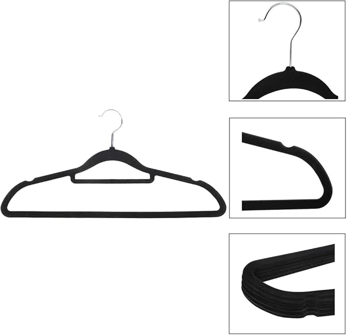 Velvet Non-Slip Hangers 10-Pack with Tie Bar, Flocked Slim Suit Hangers 360 Rotating Hook – Space Saving Closet Organizer for All Clothing (10, Black)