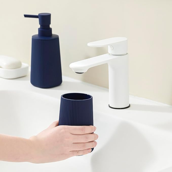 Bathroom Accessories 2 Piece Soap Dispenser and Toothbrush Holder Set Striped Blue