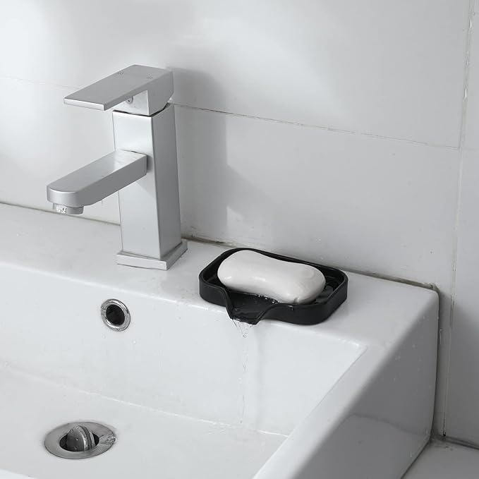 MicoYang Silicone Bathroom Soap Dishes with Drain Spout-Bathroom and Kitchen Sink Organizer,Sponge Holder,Dish Soap Tray,Perfect for Dispenser,Scrubber,Bottle,Cup on Sink or Counter-Black 4.9"×3.2"