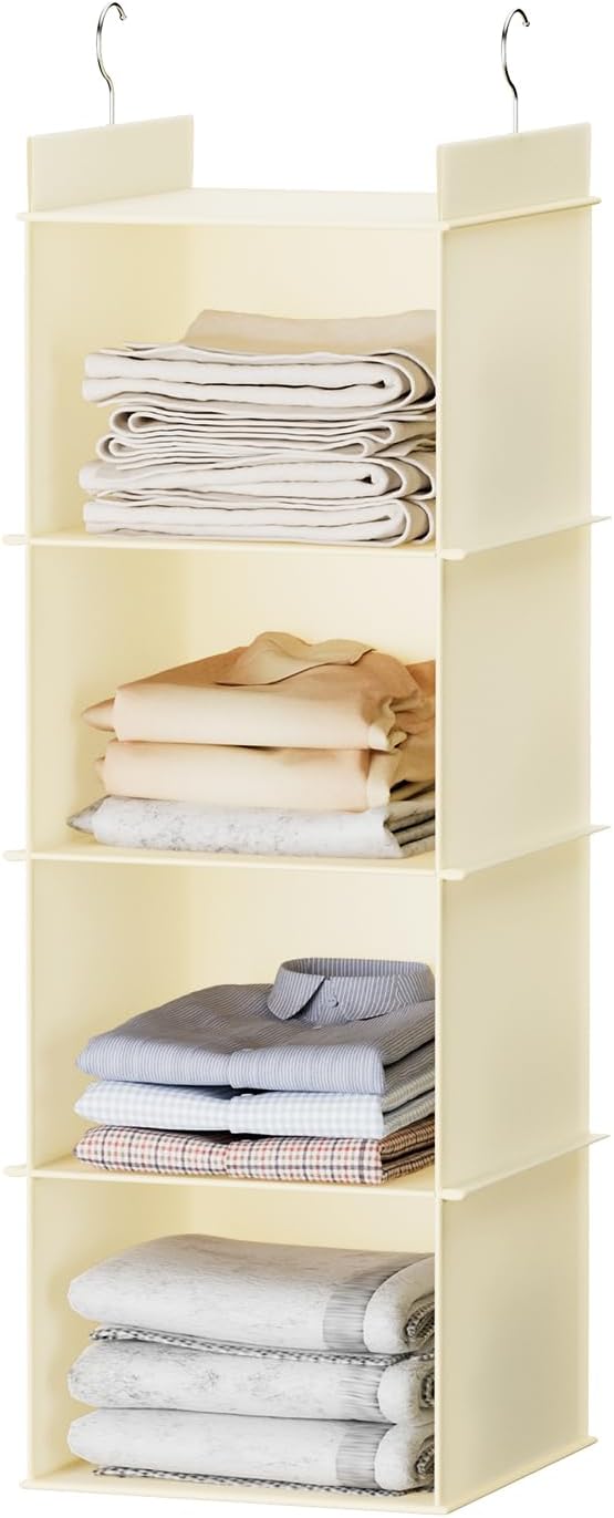 YOUDENOVA Hanging Closet Organizer, 4-Shelf Closet Hanging Shelves, Beige