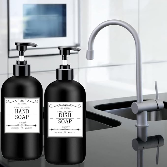 Black Soap Dispenser with Rust Proof Pump, Waterproof Labels (2 Pack,16 Oz), Plastic Hand Soap Dish Soap Dispenser for Kitchen, Premium Thick Soap Pump Bottles