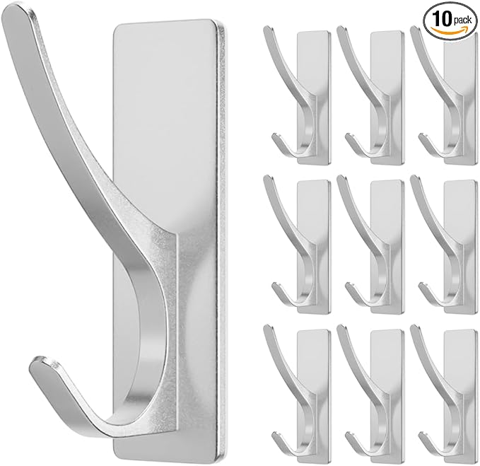 pickpiff Self Adhesive Coat Hooks for Hanging: Heavy Duty Stainless Wall Hook for Towel, Utensil, Backpack, Hat, Sturdy Metal Hanger for Bathroom, Kitchen, Door, 10-Pack, Silver