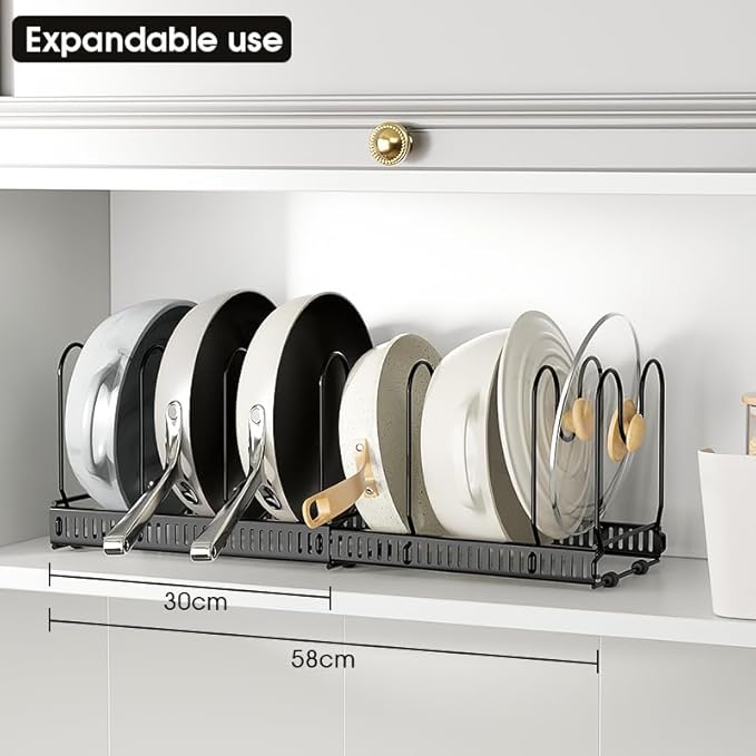 Expandable Pots and Pans Organizer Rack, Pot Lids Cutting Boards Kitchen Cabinet Organizer with 7 Adjustable Compartments, Cookware Bakeware Rack for Kitchen Cabinet Countertop Storage(Black)