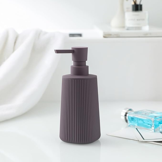 Small Soap Dispenser for Bathroom and Kitchen, Modern Farmhouse Striped Style Plastic Hand Soap Dish Soap Dispenser with Pump Matte Purple
