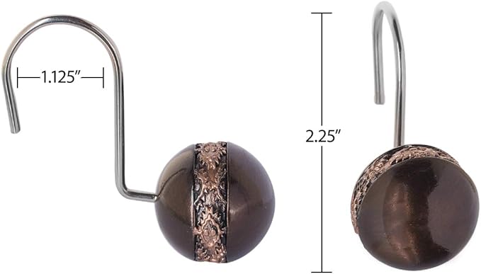 Creative Scents Dublin Brown Shower Curtain Hooks - Decorative Set of 12 Durable Shower Rings