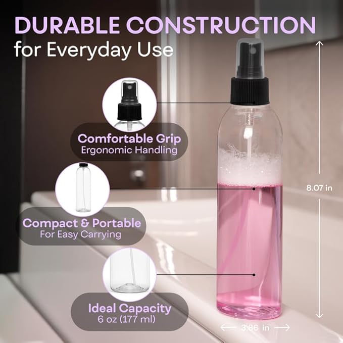BRIGHTFROM Fine Mist Spray Bottles 6 OZ, Cylinder BPA Free Refillable Containers, Clear, Empty for Essential Oils, Spray, Water - 2 PACK (Black)