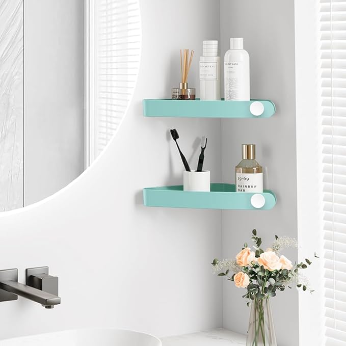 Sotfamily Plastic Shower Caddy Corner (For 90° Only), 2 Pack Adhesive Corner Shower Shelves for Bathroom Organizers and Storage, Turquoise