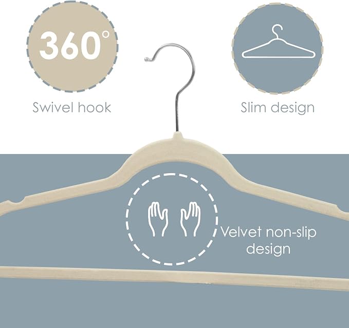 Sunbeam Sunbeam Slip-Proof Snag-Free Ultra Slim Velvet Hanger with Rotating Steel Hook (Pack of 10) (Ivory, 10 Pack)