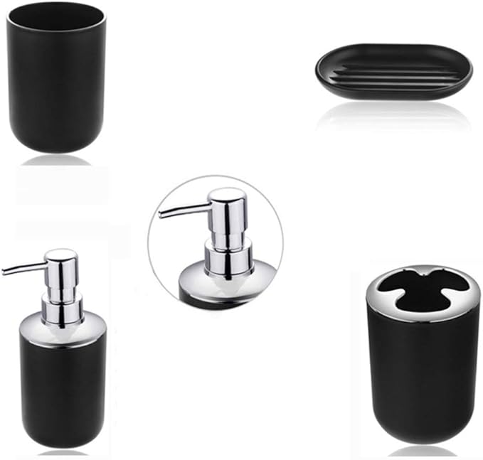 4pcs Bathroom Accessories Set, Toothbrush Holder Tooth Mug Soap Dish Liquid Bottle Bathroom Set Shower Countertop Vanity Organizer(Black)