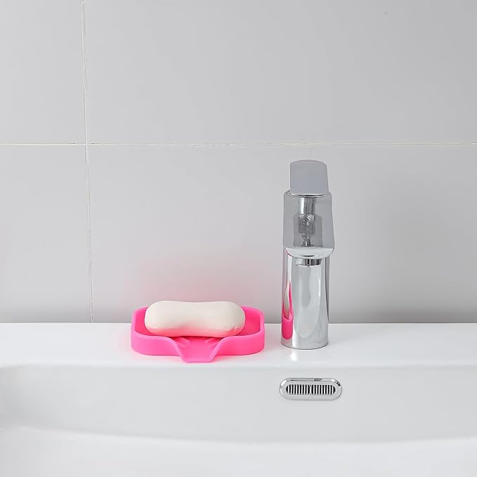 MicoYang Silicone Bathroom Soap Dishes with Drain Spout-Bathroom and Kitchen Sink Organizer,Sponge Holder,Dish Soap Tray,Perfect for Dispenser,Scrubber,Bottle,Cup on Sink or Counter-Rose 4.9"×3.2"