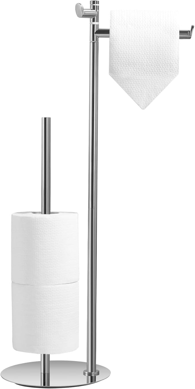 BVL Freestanding Toilet Paper Holder with Hook, Polished Chrome Stainless Steel Weighted Toilet Paper Holder Stand, Bathroom Freestanding Toilet Paper Holder Holds 5 Rolls