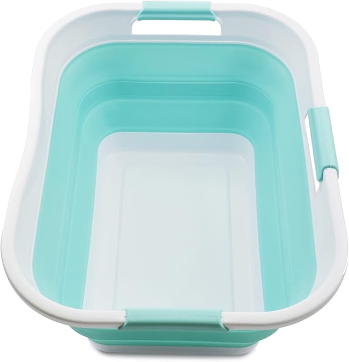 SAMMART 30L (8 gallon) Collapsible Plastic Laundry Basket - Foldable Pop Up Storage Container/Organizer - Portable Washing Tub - Water Capacity 24L(6.3 gallon) (1, White/Lake Green)
