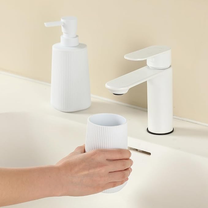 Bathroom Accessories 2 Piece Soap Dispenser and Toothbrush Holder Set Striped White