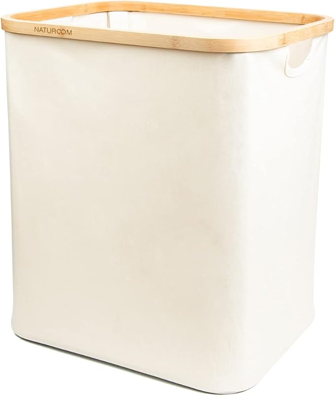 Naturoom 60L Bamboo Storage Basket | Laundry Hamper, Folding Bamboo Frame Fabric Shelf Basket With Handles, Large Cube Organizer For Bathroom, Bedroom Dirty Clothes/Towels/Blankets/Toys Storage Bin