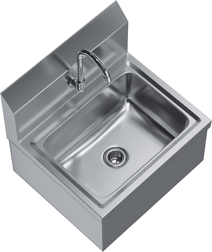 Stainless Steel Wall Mount Hand Sink with Gooseneck Faucet, Knee Pedals & Side Splash | 17" x 15" Commercial Basin for Kitchen or Janitorial Use, NSF (17" x 15" with Knee Pedals)
