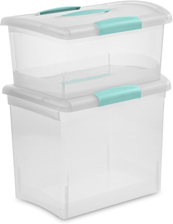 Sterilite Medium Nesting ShowOffs, Stackable Small Storage Bin with Latching Lid and Handle, Plastic Container to Organize Home, Clear, 18-Pack