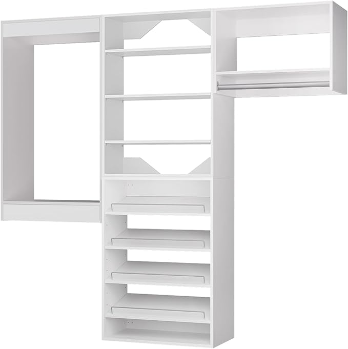 ROOMTEC Modular Closet System, 72" Wall Mounted Modern Closet Organizer with Hanging Rods and Shoe Shelf, Wooden Tower for Walk-In Closets, Wardrobe Storage Kit, White