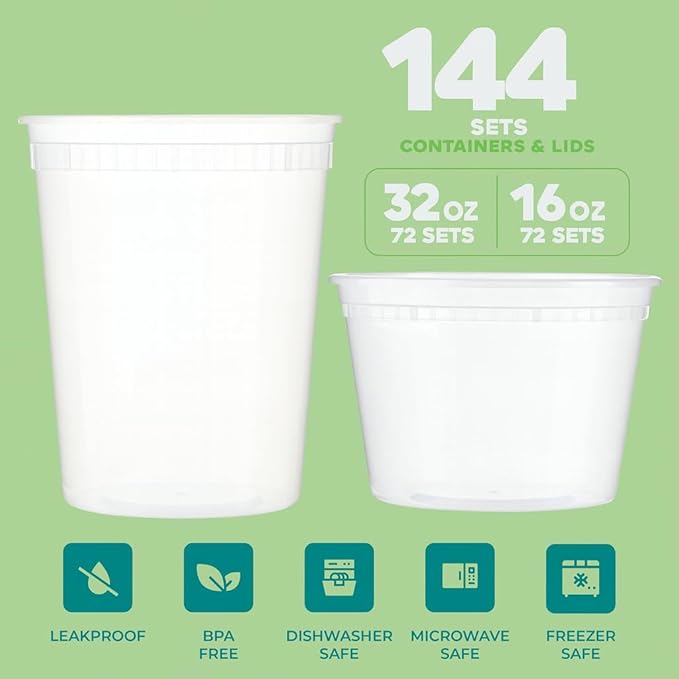 JoyServe Deli Food Containers with Lids - (144 Sets) Bulk Case of 72-32 Oz Quarts & 72-16 Oz Pints Airtight Food Storage Takeout Meal Prep Containers, BPA-Free, Dishwasher, Microwave Safe