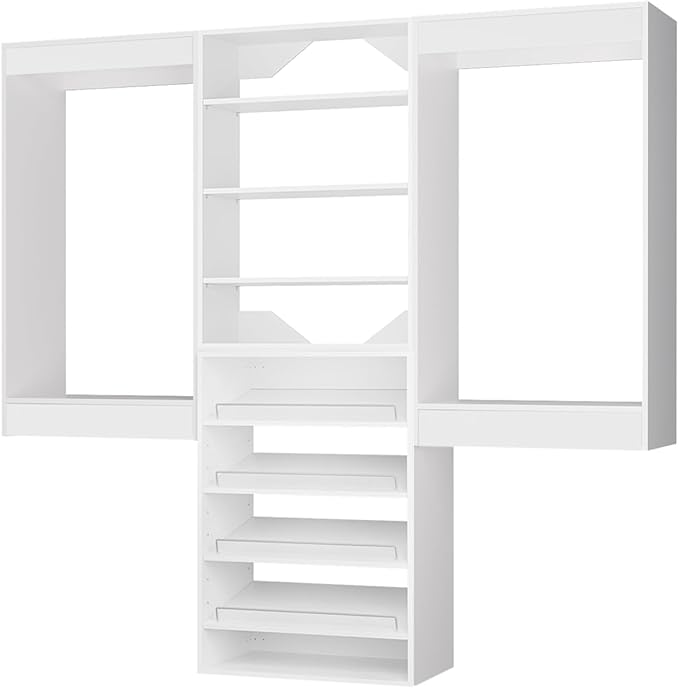 ROOMTEC Modular Closet System, 66" Wall Mounted Closet Organizer with Hanging Rods and Shoe Shelf, Wooden Tower for Walk-In Closets, Wardrobe Storage Kit, White