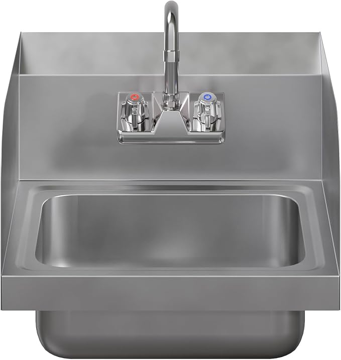 AmGood Stainless Steel Wall Mount Hand Sink with Faucet and Sidesplash 17" x 15" | NSF Commercial Hand Washing Basin For Restaurant, Kitchen and Home | Bowl Size: 10" x 14"