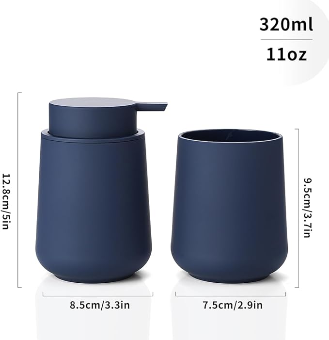 Matte Blue Bathroom Accessories 2 Piece Set Plastic Soap Dispenser and Toothbrush Holder for Modern Bathroom Decor