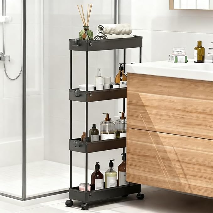4 Tier Utility Storage Cart with Lockable Wheels，Storage Organizer Cabinet Rolling cart for Kitchen, Office, Laundry Room & Narrow Places,Black