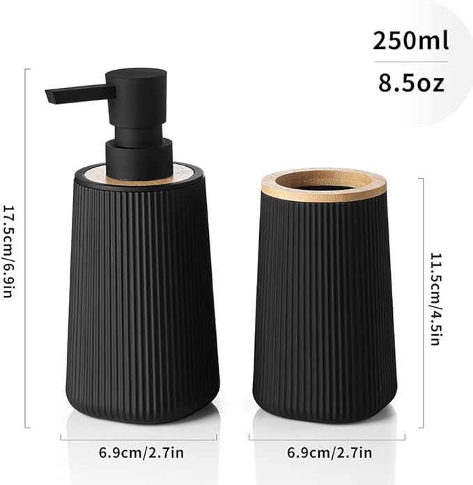 Bathroom Accessories 2 Piece Soap Dispenser and Toothbrush Holder Set Striped Black and Bamboo