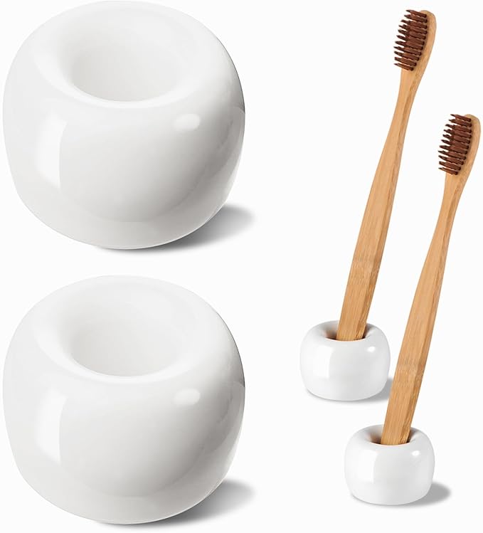 SheeChung Mini Ceramic Toothbrush Holder, Small Handmade Couple Toothbrush Stand for Bathroom Vanity Countertop Travel Camper, Bathroom Organizers and Storage, 2 Pack, White