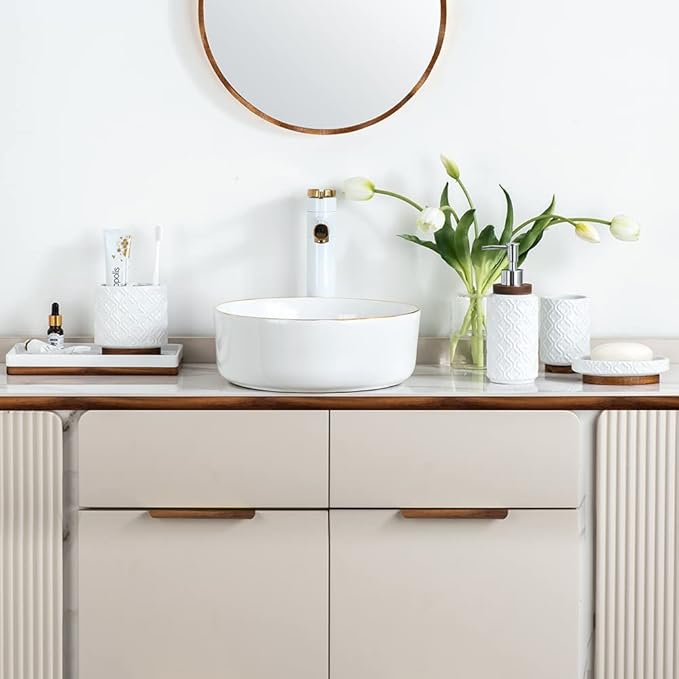 Bathroom Accessories Set 6 Pcs Toothbrush Holder Soap Dispenser Ceramic and Wood Bathroom Set with Trash Can Soap Dispenser Toothbrush Holder Tray Tumbler Soap Dish White
